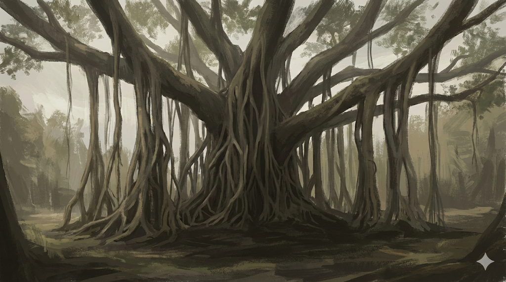 Dallarından çok sayıda hava kökü sarkan, geniş ve heybetli Banyan ağacı görseli.