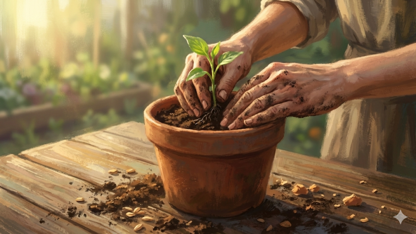 Ahşap bir masa üzerinde, bir kişinin elleri toprakla kaplı şekilde küçük bir fideyi saksıya dikiyor. Etrafta toprak ve tohumlar dağılmış. Arka plan yumuşak ışıkla aydınlanmış, bahçeyi andıran bir atmosfer taşıyor.