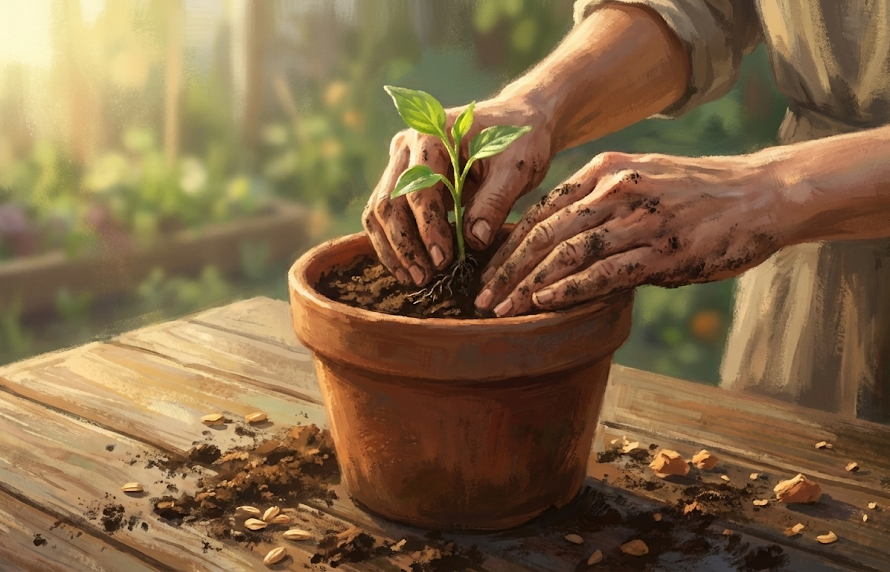 Ahşap bir masa üzerinde, bir kişinin elleri toprakla kaplı şekilde küçük bir fideyi saksıya dikiyor. Etrafta toprak ve tohumlar dağılmış. Arka plan yumuşak ışıkla aydınlanmış, bahçeyi andıran bir atmosfer taşıyor.