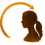 Kadın silueti profil görünümünde, başın arkasından önüne doğru kıvrılan turuncu bir okla temsil edilen fikir akışı.