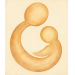 Kucaklaşan stilize anne ve çocuk figürü, sıcak tonlarda bütünsel şefkati simgeliyor.