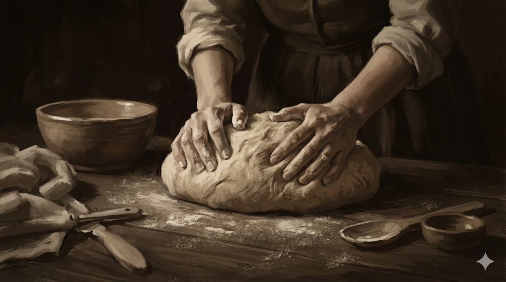 Mutfak tezgahında ekmek hamuru yoğuran kadın ellerinin yakın çekim görseli.