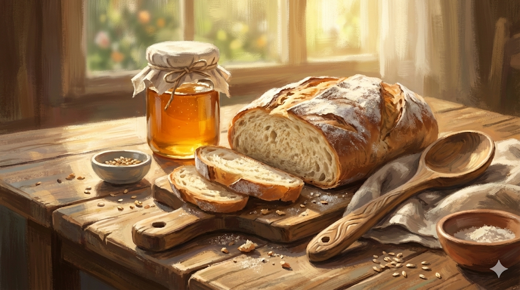 Ahşap bir yüzeyde dilimlenmiş taze ekmek, bezle örtülmüş bal kavanozu, tahta kaşık, tuz ve tohum dolu küçük kaseler yer alıyor. Arka planda pencere önünde yeşillikler ve çiçekler görülüyor, ortam sıcak ve doğal.