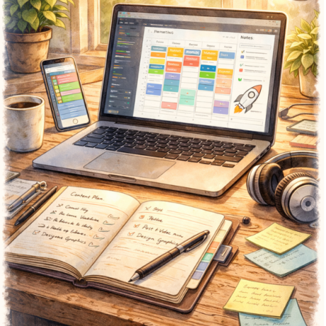 Güneş ışığı alan bir masada, üzerinde renkli bir haftalık program olan dizüstü bilgisayar, yanında telefon, kulaklık ve yapılacaklar listesi yazılı bir not defteri.