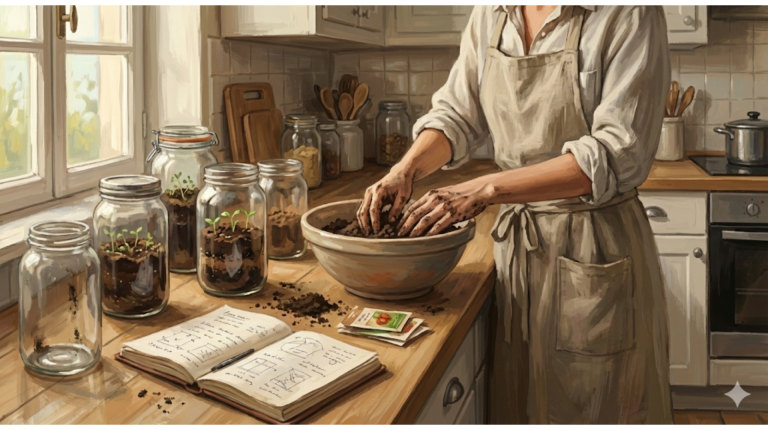 Mutfak tezgahında toprakla uğraşan, önlüklü bir kadının elleri; yanında cam kavanozlarda büyüyen fideler, açık bir gözlem defteri ve tohum paketleri.
