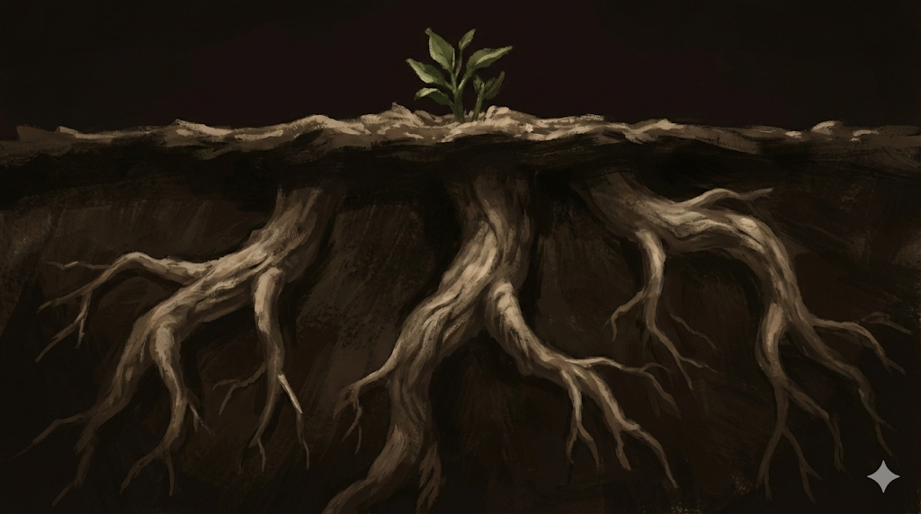 Toprağın altındaki güçlü ağaç kökleri ve toprak yüzeyinde yeni filizlenen küçük bir bitki.