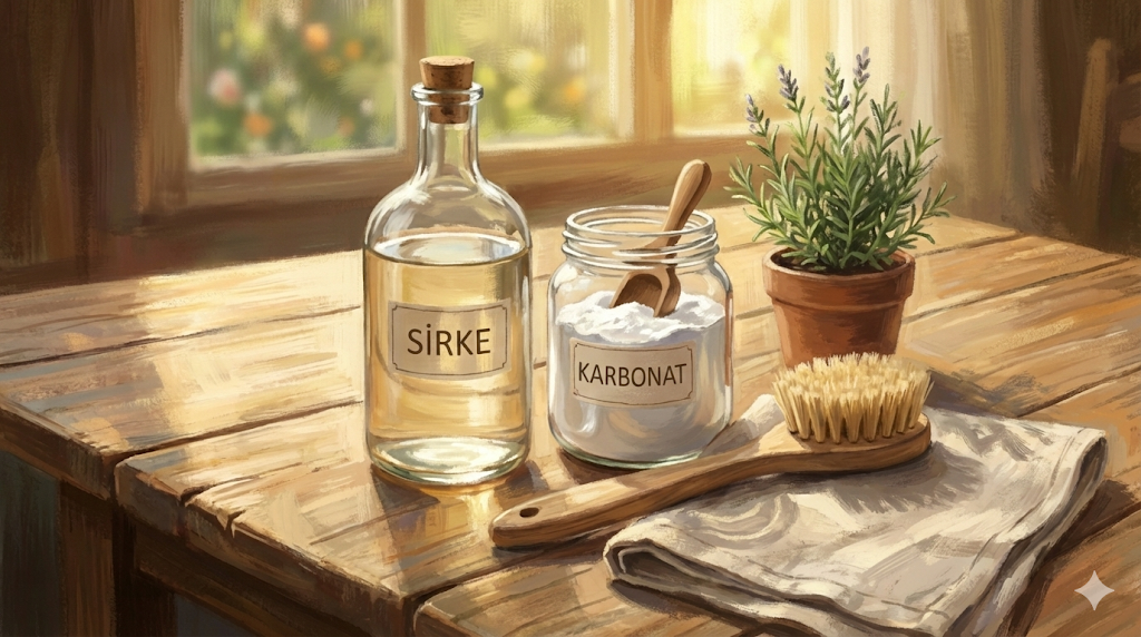 Ahşap bir masa üzerinde sirke ve karbonat etiketli cam kaplar, doğal temizlik fırçası, lavanta bitkisi ve katlanmış bir bez yer alıyor. Gün ışığıyla aydınlanan sahne, doğal temizlik ve ev ritüellerini çağrıştırıyor.