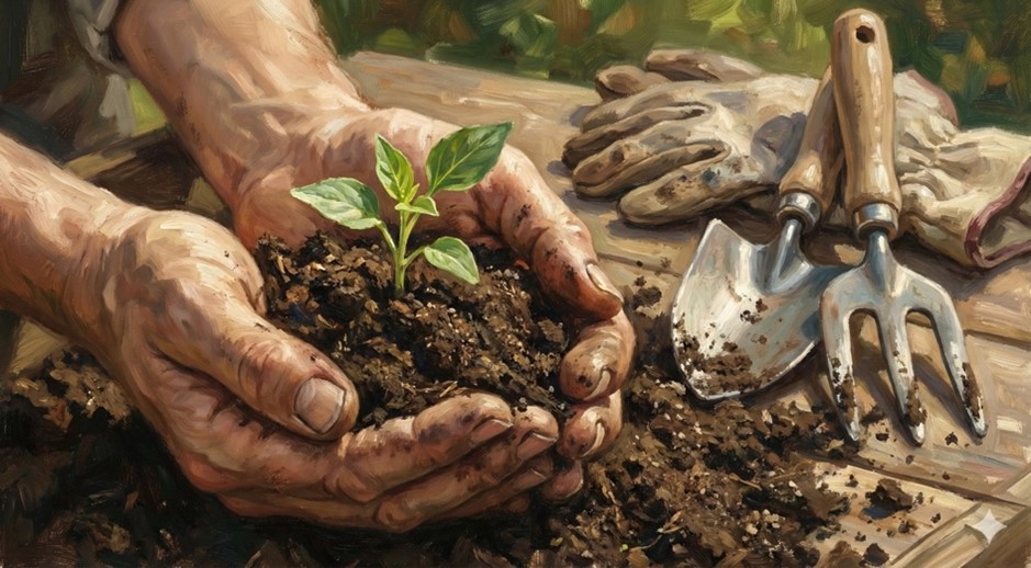 Ahşap yüzeyde iki el, köklü bir fideyi nazikçe tutuyor. Yanında bahçe eldivenleri ve küçük el aletleri yer alıyor. Ortam sıcak ve doğayla iç içe.