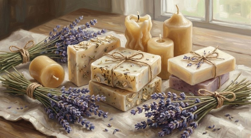 Ahşap yüzeyde lavanta demetleri, balmumu mumlar ve doğal sabunlar yer alıyor. Gün ışığı sahneye sıcaklık ve dinginlik katıyor.