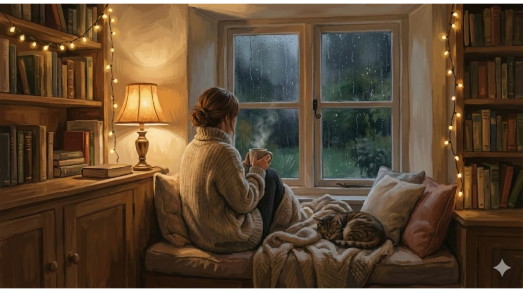 Yağmurlu bir havada pencere kenarında oturan, elinde sıcak içeceğiyle dışarıyı izleyen bir kadın; çevresinde kitap dolu raflar, loş bir lamba ve yanında uyuyan bir kedi.