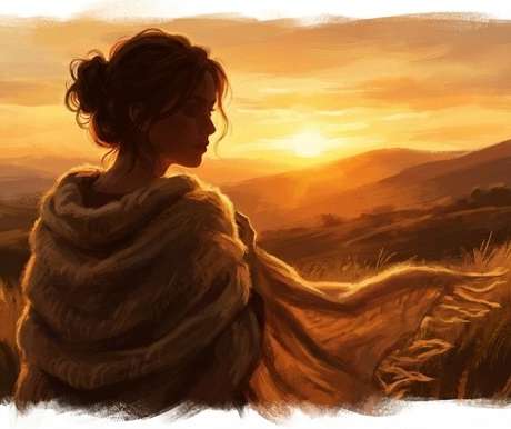 Gün batımında doğayı izleyen pelerinli kadın; şehirde kök salmak ve içsel denge sembolü.