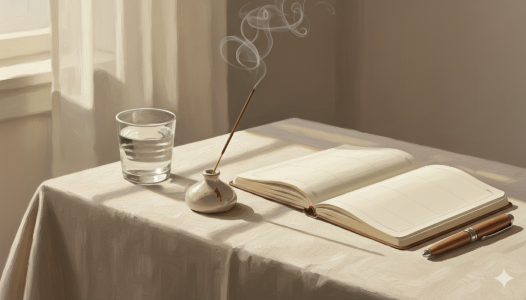 Yumuşak gün ışığıyla aydınlanan sade bir masa üzerinde açık bir defter, bir kalem, bir bardak su ve tüten bir tütsü yer alıyor. Ortam dingin, meditasyon ve yazma ritüelleri için davetkâr.
