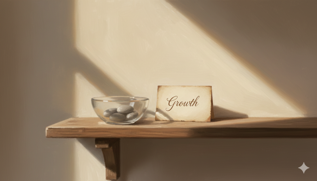 Gün ışığıyla aydınlanan ahşap bir rafta, cam bir kâse içinde düzgün taşlar ve “Growth” yazılı eski bir kart yer alıyor. Işık ve gölge oyunu sahneye dinginlik ve derinlik katıyor.