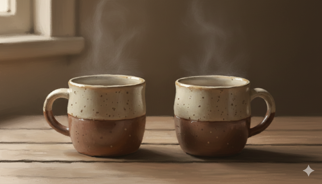 Gün ışığıyla aydınlanan ahşap bir yüzeyde, yan yana duran iki seramik kupa buhar çıkarıyor. Pencereden gelen ışık, sahneye huzurlu ve samimi bir hava katıyor.