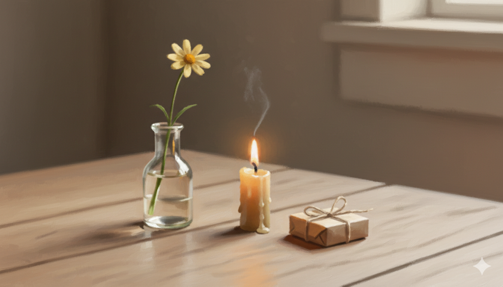 Ahşap bir yüzeyde, su dolu küçük bir şişede tek bir sarı papatya, yanan bir mum ve ip ile özenle bağlanmış küçük bir hediye yer alıyor. Gün ışığı sahneye dinginlik ve sıcaklık katıyor.