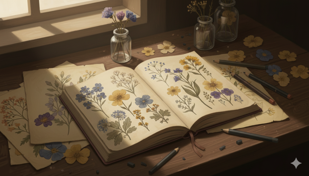 Gün ışığıyla aydınlanan ahşap bir masada açık bir botanik eskiz defteri, renkli çiçek çizimleri, kuru çiçekler ve renkli kalemler yer alıyor. Ortam sakin, üretken ve doğadan ilham alan bir atmosfer taşıyor.