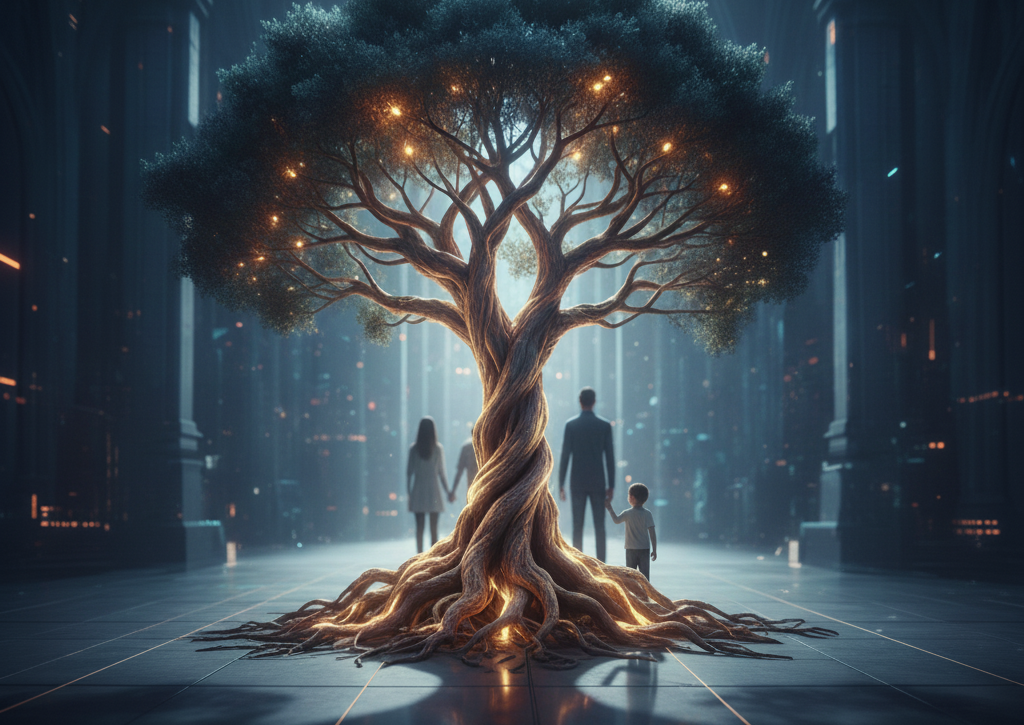 Yüksek tavanlı, kutsal bir mekânda ışık saçan kadim bir ağaç; etrafında hayranlıkla bakan iki yetişkin ve bir çocuk figürü yer alıyor. Ortam mistik ve büyüleyici.