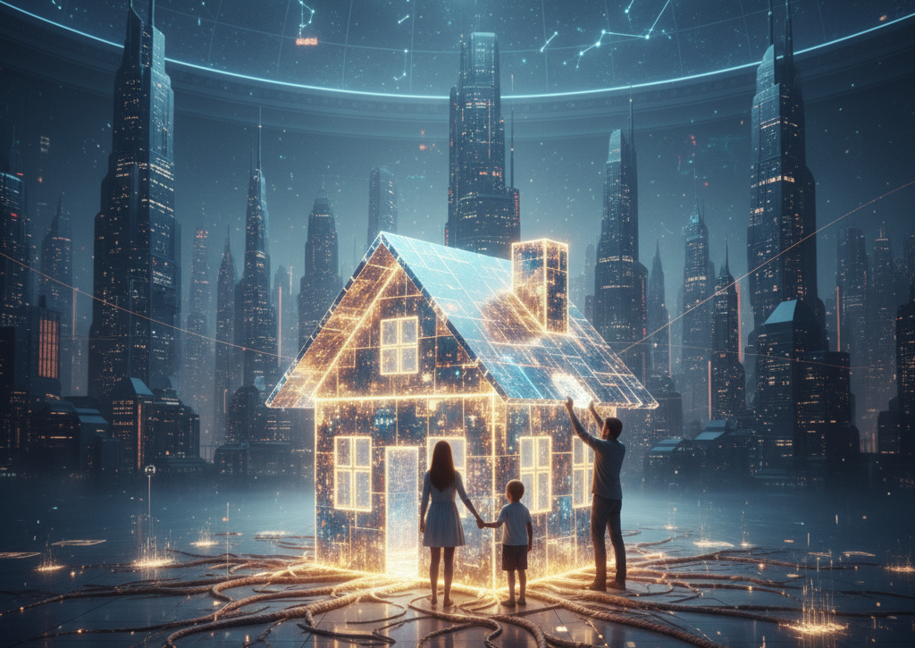 Dijital çizgilerle oluşmuş holografik bir evin önünde iki yetişkin ve bir çocuk figürü duruyor. Arka planda yıldızlar, semboller ve şehir silueti yer alıyor.