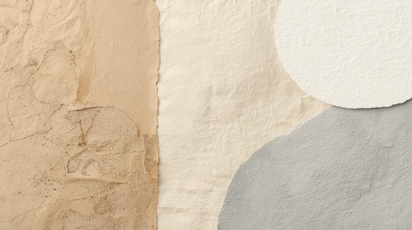 Farklı dokularda ve nötr tonlarda üst üste gelen yüzeyler; çatlaklı kahverengi bir zemin, krem rengi bir orta katman ve gri-beyaz dairesel bir form. Işık ve gölge geçişleriyle soyut, doğal bir kompozisyon oluşuyor.