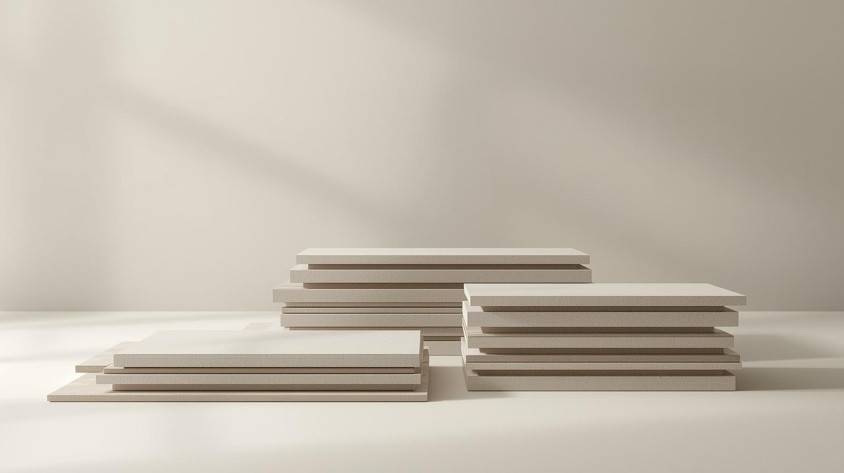 Düz bir yüzey üzerinde nötr tonlarda yatay olarak üst üste dizilmiş dikdörtgen paneller. Her yığın farklı yükseklikte ve düzenli biçimde yerleştirilmiş. Arka plan sade ve ışık gölge geçişleriyle derinlik kazanıyor.