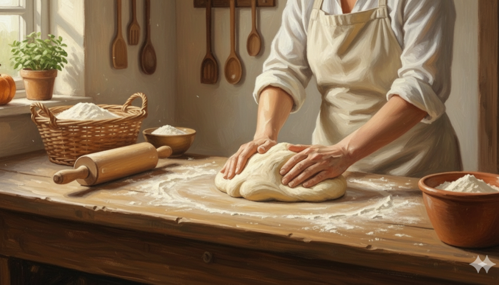 Rustik bir mutfakta, önlük giymiş biri ahşap masada hamur yoğuruyor. Etrafta un, oklava ve doğal mutfak araçları yer alıyor. Gün ışığı sahneye sıcaklık katıyor.