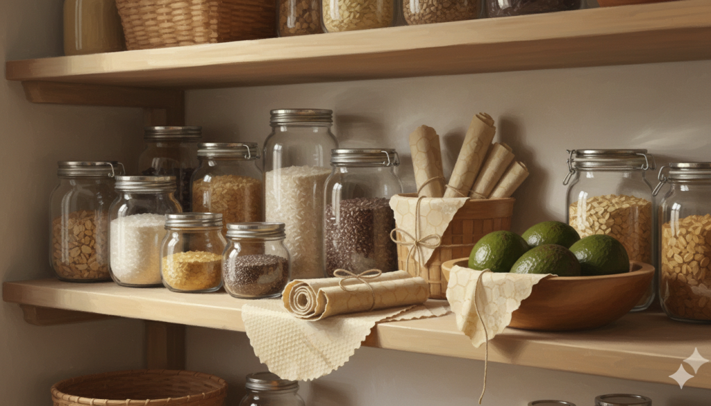 Ahşap raflarda cam kavanozlarda bakliyatlar, tahıllar ve kuru gıdalar düzenli şekilde yer alıyor. Yanında balmumu saklama örtüleri ve limon dolu bir kâse bulunuyor.