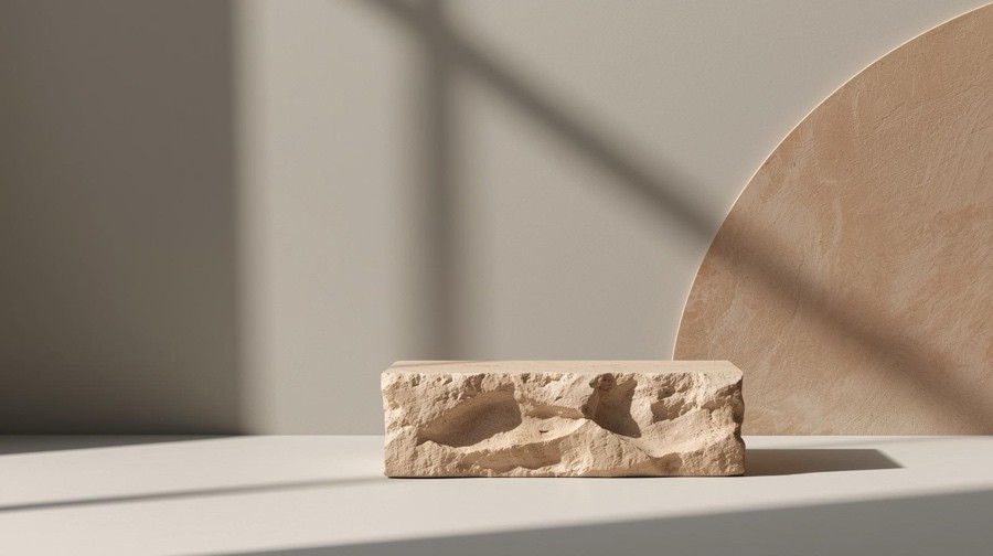 Yumuşak ışıkla aydınlanan düz bir yüzeyde, dikdörtgen biçimli dokulu bir taş blok yer alıyor. Arka planda yarım daire formu ve nötr tonlar, sahneye mimari sadelik ve zihinsel dinginlik katıyor.