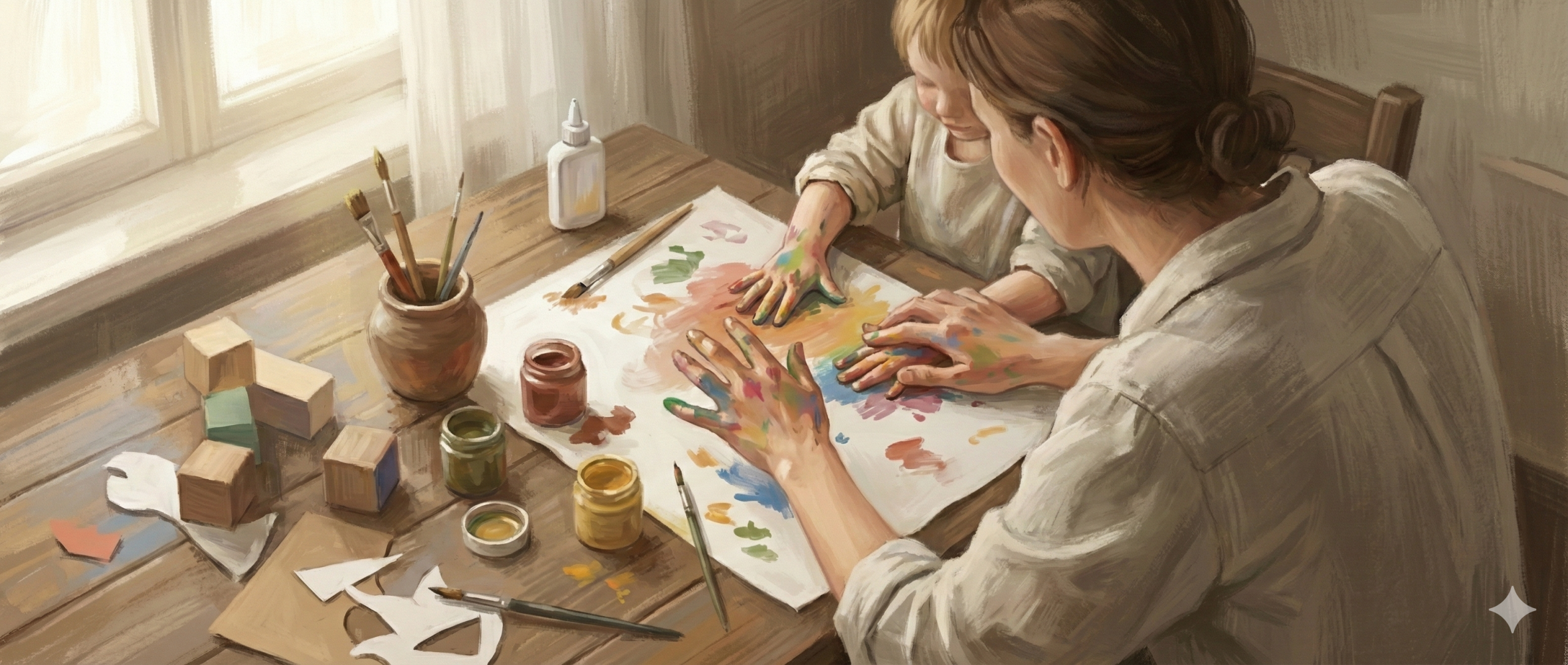 Güneş ışığıyla aydınlanan bir odada, bir kadın ve çocuk birlikte renkli el baskısı sanatı yapıyor. Masada boya kavanozları, fırçalar, yapıştırıcı ve kesilmiş kağıt şekiller dağınık halde duruyor. Ortam yaratıcı ve sevgi dolu.