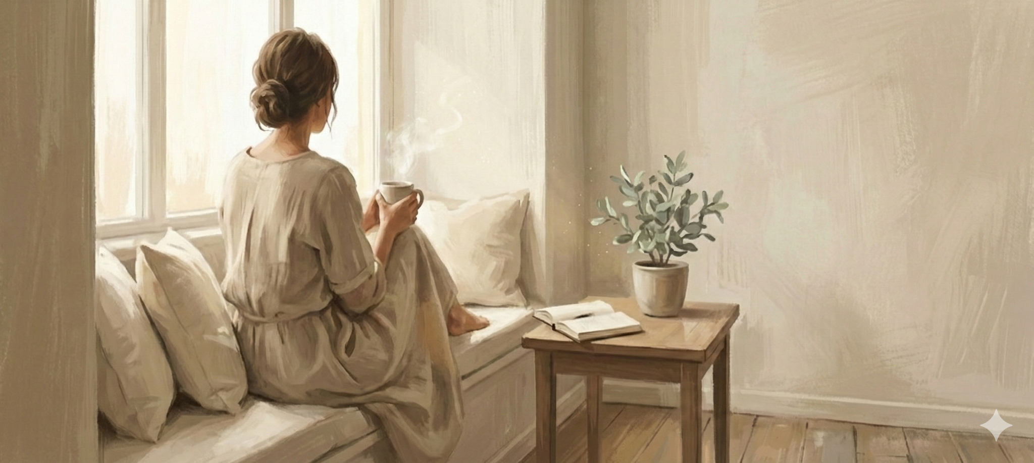 Pencere kenarında oturmuş, elinde sıcak bir içecek tutan bir kadın; doğal ışık alan sade bir odada, yanında küçük bir masa, açık bir defter ve saksı bitkisiyle sakin ve bilinçli bir duraklama anını temsil eden illüstratif sahne.