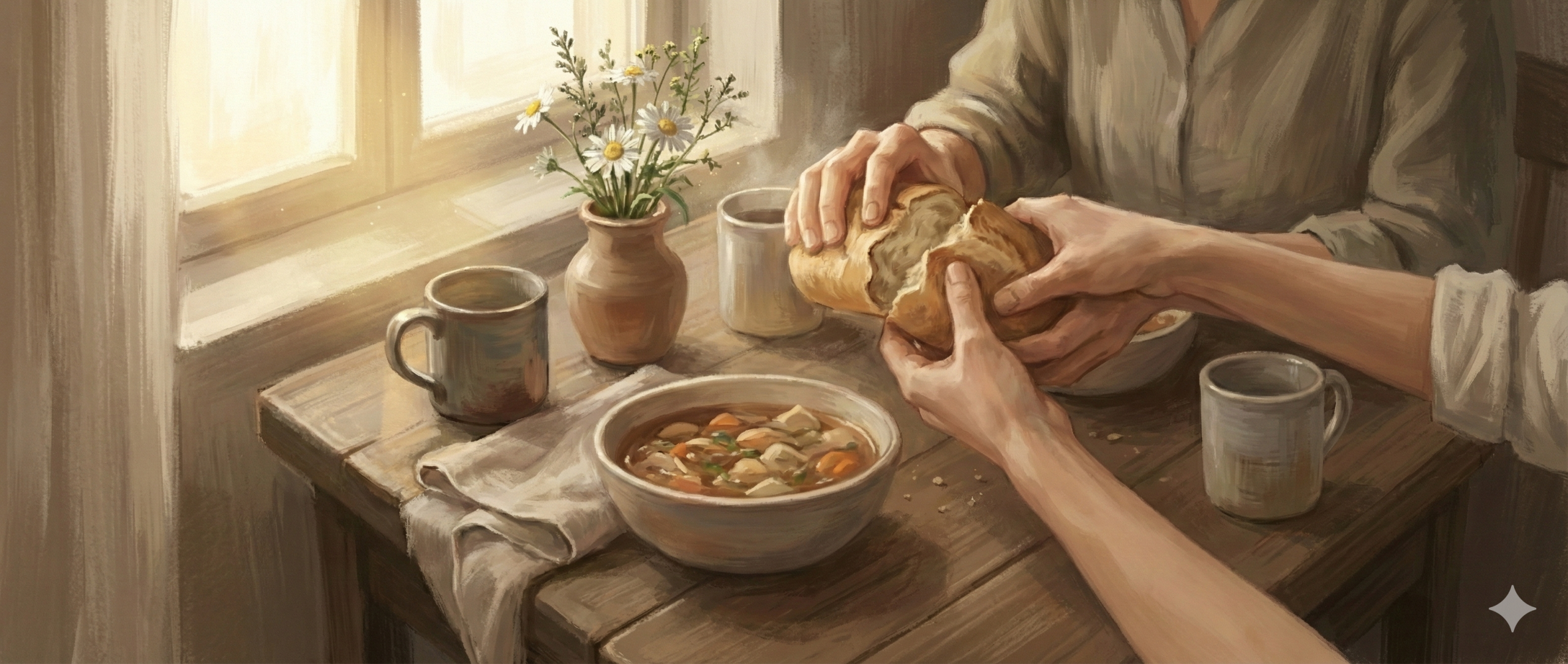 Ahşap bir masada iki kişi, sıcak bir çorba eşliğinde ekmek paylaşıyor. Pencereden süzülen ışık, ortamı huzurlu ve samimi kılıyor. Masada papatyalı bir vazo, üç seramik kupa ve bez peçete yer alıyor.