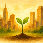 Şehrin ortasında, karanlık ve bereketli toprağı delerek yukarıya doğru sarsılmaz bir dirençle yükselen, taze yeşil yapraklı tek bir bitki filizinin makro çekimi.